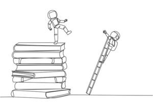 Single continuous line drawing astronaut kicks opponent who climbing a pile of books with a ladder. Failed to gain access to profitable business principles. Rival. One line design illustration vector