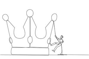 Single continuous line drawing businessman climbing crown with rope. Prepare for a better life by working hard to achieve the highest position. The hard worker. One line design illustration vector