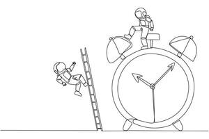 Single one line drawing astronaut kicks opponent who climbs the alarm clock with ladder. Arrogance. No need for colleagues to complete many deadlines. Continuous line design graphic illustration vector