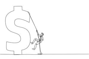 Continuous one line drawing businessman climbs dollar symbol. Metaphor looking for extra money because of high needs. Smart work combined with hard work. Single line draw design illustration vector