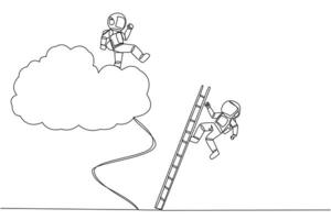 Single continuous line drawing astronaut kicks opponent who climbing the cloud with a ladder. Perfect achievement in business. Bring down competitors in any way. One line design illustration vector