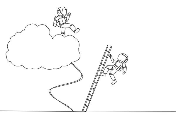 Single continuous line drawing astronaut kicks opponent who climbing the cloud with a ladder. Perfect achievement in business. Bring down competitors in any way. One line design illustration