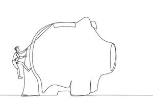 Single one line drawing businessman climbing piggy bank with rope. Entrepreneur working hard to make investments preparing for retirement. Smart worker. Continuous line design graphic illustration vector