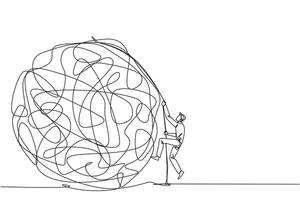 Single continuous line drawing businessman climbs heavy mess circle with the rope. Trying to lay anxiety at the feet. For clarity of thought. Smart work hard. One line design illustration vector