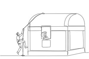Single continuous line drawing businessman climbs treasure chest with rope. Do the best business to achieve lots of rewards. The result of hard work. Satisfied. One line design illustration vector