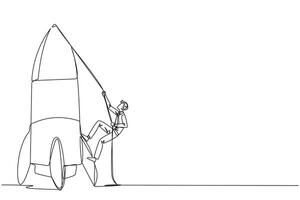 Single one line drawing businessman climbs rocket with rope. Set the intention to open a new branch. Work hard to expand the business. Smart hard work. Continuous line design graphic illustration vector