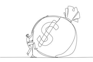 Continuous one line drawing businessman climbing money bag with rope. Work harder to get a very large retirement fund. Bring out abilities to the maximum Single line draw design illustration vector