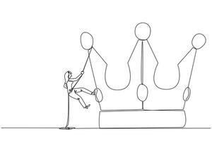 Single continuous line drawing businesswoman climbing crown with rope. Prepare for a better life by working hard to achieve the highest position. The hard worker. One line design illustration vector