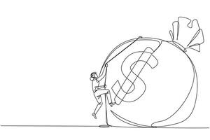 Continuous one line drawing businesswoman climbing money bag with rope. Work harder to get a very large retirement fund. Bring out abilities to the maximum. Single line draw design illustration vector