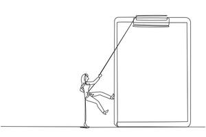 Single continuous line drawing businesswoman climbing the clipboard with rope. Extra effort to work on reports optimally. The final report is awaited. Work hard. One line design illustration vector