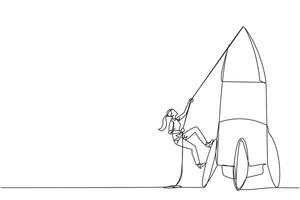 Single one line drawing businesswoman climbs rocket with rope. Set the intention to open a new branch. Work hard to expand the business. Smart hard work. Continuous line design graphic illustration vector