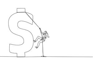 Continuous one line drawing businesswoman climbs dollar symbol. Metaphor looking for extra money because of high needs. Smart work combined with hard work. Single line draw design illustration vector