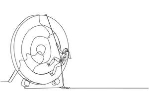 Single one line drawing businesswoman climbs arrow board target with rope. Struggle very persistently to achieve the best. Smart work that produces results. Continuous line design graphic illustration vector