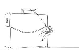 Single continuous line drawing businesswoman climbs briefcase with rope. A metaphor for building a business from scratch. Growing and having many relationships. One line design illustration vector