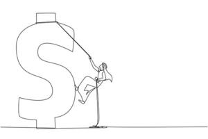 Single continuous line drawing Arabian businessman climbs dollar symbol. Metaphor looking for extra money because of high needs. Smart work combined with hard work. One line design illustration vector