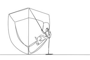 Continuous one line drawing Arab businessman climbs shield with rope. Works to help clients secure data from virus attacks. Check each layer. Entrepreneur. Single line draw design illustration vector