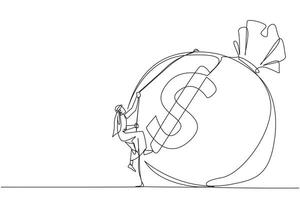 Single continuous line drawing Arabian businessman climbing money bag with rope. Work harder to get very large retirement fund. Bring out abilities to the maximum. One line design illustration vector