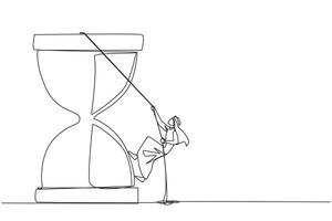 Single continuous line drawing Arab businessman climbs hourglass with rope. The countdown is set. Deadline is coming soon. Time management must be good. Work smart. One line design illustration vector