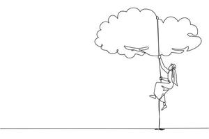 Continuous one line drawing Arab businessman climbing clouds with rope. A metaphor for hanging dreams sky high. Ultimate success. Hard worker. Work smarter. Single line draw design illustration vector