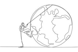 Continuous one line drawing Arab businessman climbs globe with rope. Trying dominate world with massive business expansion. Success reach top of the world. Single line draw design illustration vector