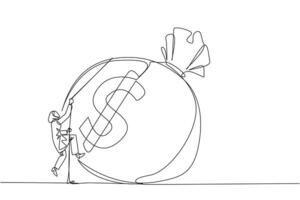 Single one line drawing Arabian businesswoman climbs money bag with rope. Work harder to get very large retirement fund. Bring out abilities to the maximum. Continuous line design graphic illustration vector