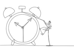 Single continuous line drawing Arab businessman climbing alarm clock with rope. Work carefully to complete each task. Works perfectly. Without any errors. Deadline. One line design illustration vector