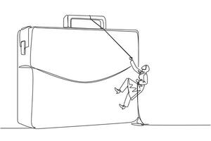 Single one line drawing Arab businesswoman climbs briefcase with rope. Metaphor for building business from scratch. Growing and having many relationships. Continuous line design graphic illustration vector