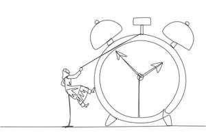 Single one line drawing Arab businesswoman climbs alarm clock with rope. Work carefully to complete each task. Work perfectly without any errors. Work hard. Continuous line design graphic illustration vector