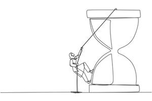 Single one line drawing Arab businesswoman climbs hourglass with rope. Countdown is set. Deadline is coming soon. Time management must be good. Work smart. Continuous line design graphic illustration vector
