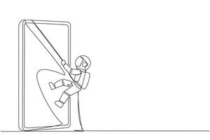 Single one line drawing astronaut climbing smartphone with rope. Improve business relationships. Massively contact old friends. Connected to each other. Continuous line design graphic illustration vector