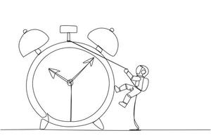 Single continuous line drawing young astronaut climbing alarm clock with rope. Work carefully to complete each task. Works perfectly without any errors. Work hard. One line design illustration vector