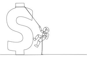 Continuous one line drawing astronaut climbs dollar symbol with rope. Metaphor looking for extra money because of high needs. Smart work combined with hard work. Single line design illustration vector