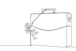 Single continuous line drawing young astronaut climbs briefcase with rope. A metaphor for building a business from scratch. Growing and having many relationships. One line design illustration vector