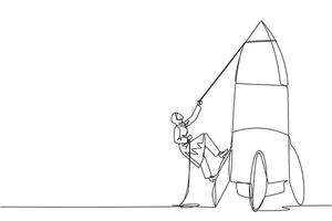 Single continuous line drawing Arab businesswoman climbs rocket with rope. Set the intention to open new branch. Work hard to expand the business. Smart hard work. One line design illustration vector