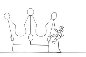 Single continuous line drawing young astronaut climbing crown with rope. Prepare for a better life by working hard to achieve the highest position. The hard worker. One line design illustration vector