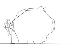 Continuous one line drawing astronaut climbing piggy bank with rope. Entrepreneur working hard to make investments preparing for retirement. Smart worker. Single line draw design illustration vector