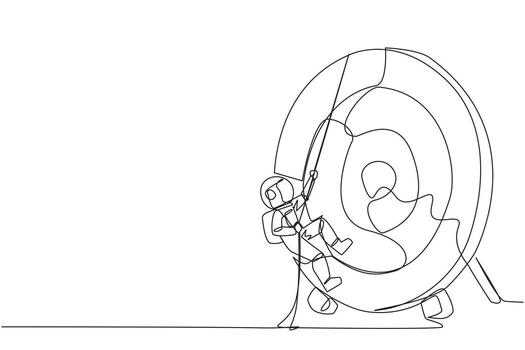 Single continuous line drawing astronaut climbs arrow board target with rope. Struggle very persistently to achieve the best. Smart work that produces results. One line design illustration vector