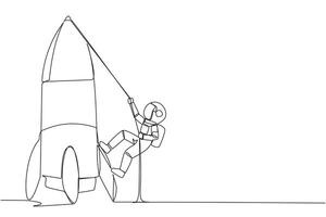 Single one line drawing young astronaut climbs rocket with rope. Set the intention to open a new branch. Work hard to expand the business. Smart hard work. Continuous line design graphic illustration vector