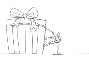 Single continuous line drawing smart robot climbing gift box with rope. Struggle persistently to achieve the desired reward. Hard work. Sincere work. Work smart. One line design illustration vector
