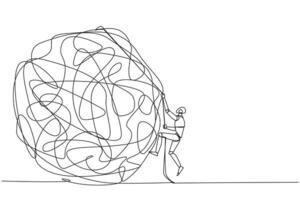 Continuous one line drawing smart robot climbs heavy mess circle with the rope. Trying to lay anxiety at the feet. For clarity of thought. Smart work hard. Single line draw design illustration vector