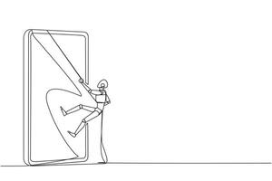Single one line drawing smart robot climbing smartphone with rope. Improve business relationships. Massively contact old friends. Connected to each other. Continuous line design graphic illustration vector
