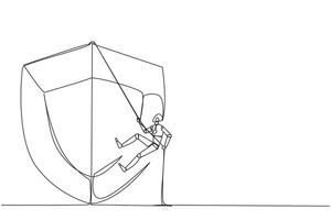 Single one line drawing smart robot climbs shield with rope. Working to help clients secure servers from virus attacks. Check each layer. Smart work hard. Continuous line design graphic illustration vector