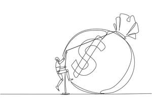 Single one line drawing smart robot climbing money bag with the rope. Work harder to get a very large retirement fund. Bring out abilities to the maximum. Continuous line design graphic illustration vector
