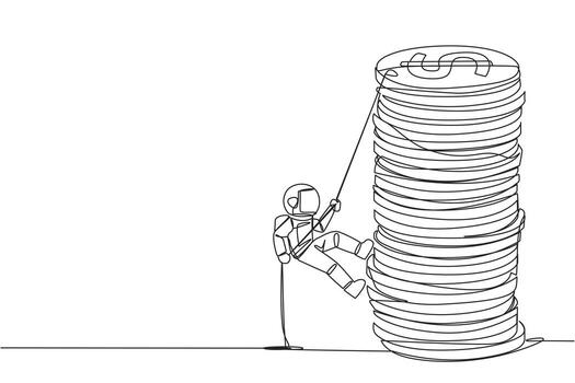 Continuous one line drawing astronaut climbs stack of coins with rope. The entrepreneur trying hard climbing the rope to reach top of coins. Better future. Single line draw design illustration vector
