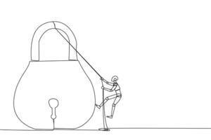 Single one line drawing smart robot climbing padlock with rope. Do the best to privatize the business. Sole owner. The result of smart hard work. Satisfied. Continuous line design graphic illustration vector