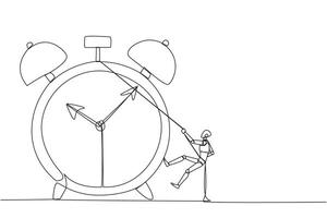 Continuous one line drawing smart robot climbing alarm clock with rope. Work carefully to complete each task. Works perfectly without any errors. Work hard. Single line draw design illustration vector