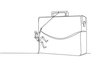 Single continuous line drawing smart robot climbs briefcase with the rope. A metaphor for building a business from scratch. Growing and having many relationships. One line design illustration vector