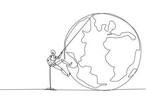 Single continuous line drawing smart robot climbing globe with the rope. Trying dominate the world with massive business expansion. Success reach top of the world. One line design illustration vector