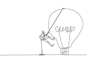 Single one line drawing smart robot climbing lightbulb with the rope. Trying to reach high places to get useful fresh ideas. For the company's benefit. Continuous line design graphic illustration vector