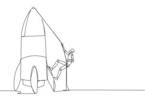 Continuous one line drawing smart robot climbs rocket with rope. Set the intention to open a new branch. Work hard to expand the business. Smart hard work. Single line draw design illustration vector